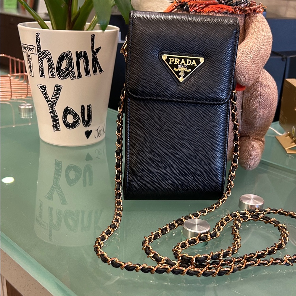 Prada Black Leather Phone Crossbody with Chain